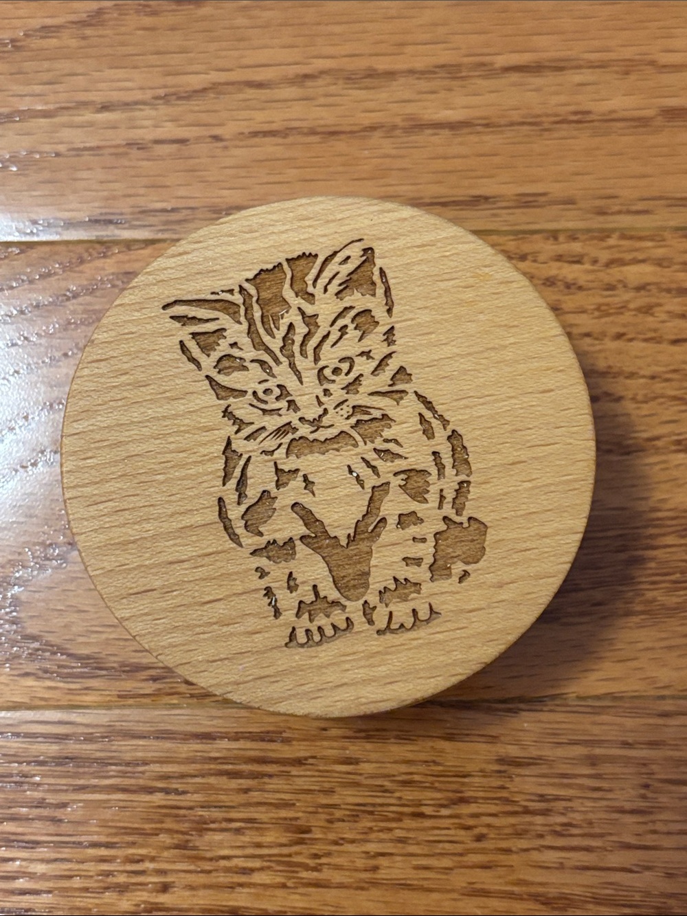 NEW Small Handcrafted Wooden Jewelry Box Circle Cat Kitten Trinket Box Jewelry